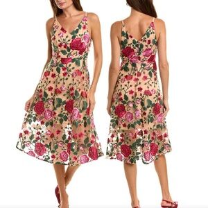 Sam Edelman Rose Embroidered Midi Dress – Size 6 Floral V-Neck Party Dress